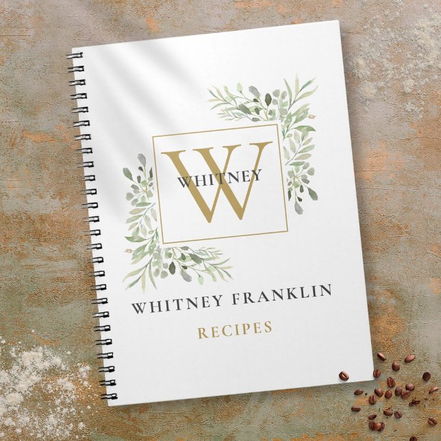 Livre de recettes de monogramme de verdure d'or él (Elegant Gold Greenery Monogram Recipe Cookbook Notebook)