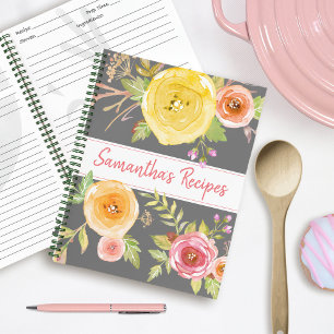 Livre de recettes jaune rose aquarelle florale gri