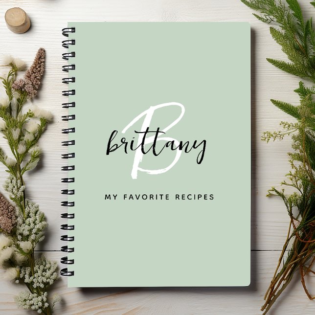 Livre de recettes monogramme vert sauge noir et bl (Créateur téléchargé)