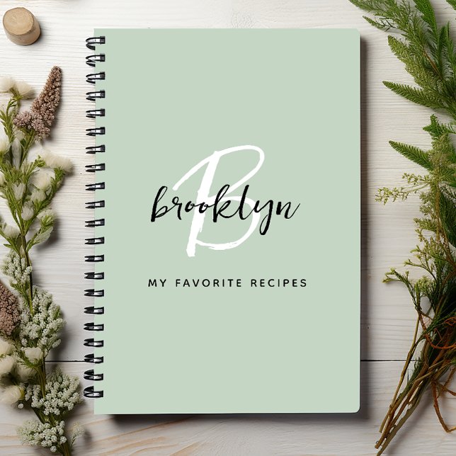 Livre de recettes Monogramme Vert Sauge Noir et Bl (Créateur téléchargé)