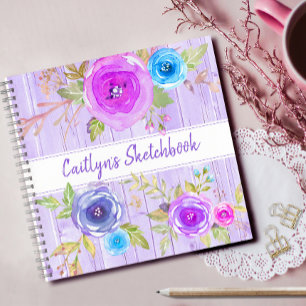 Livre d'esquisse aquarelle fleurie violet script r