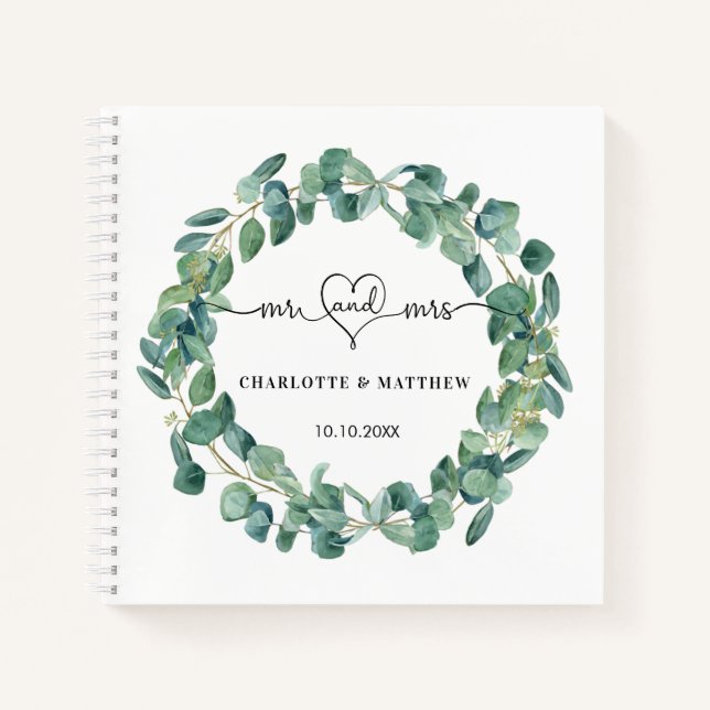 Livre d'hôte mariage eucalyptus wreath m mrs heart (Devant)