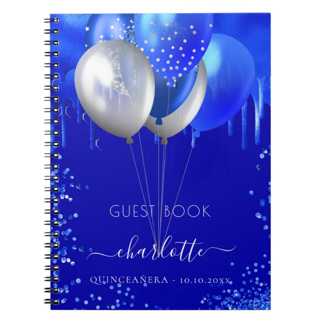 Livre d'hôte Quinceanera royal blue drips ballons (Devant)