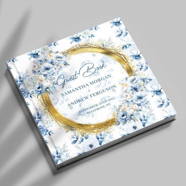 Livre d'hôtes de la Parties scintillant d'or bleu  (Stylish Dusty Blue Gold Glitter Wedding Guest Book)