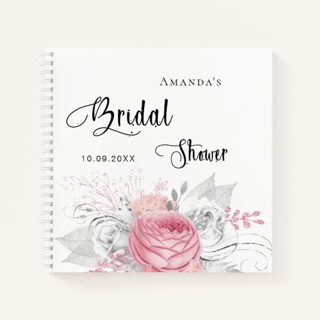 Livre d'hôtes douche nuptiale rose fleurs d'argent (Devant)
