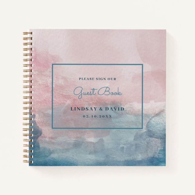 Livre d'hôtes Mariage rose et bleu Aquarelle (Devant)
