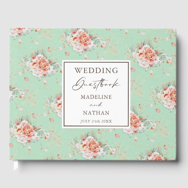Livre d'hôtes Mint Green & Peach Floral Mariage (Recto)