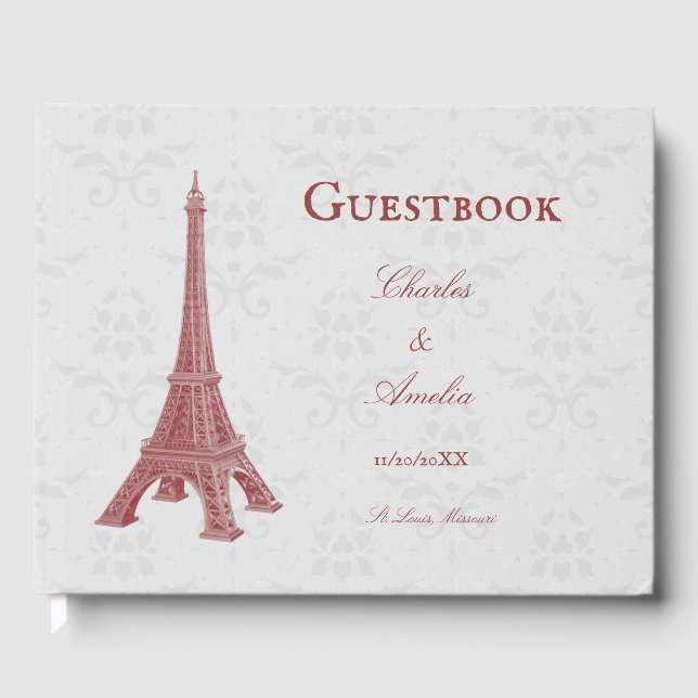 Livre d'hôtes Red Eiffel Tower Damask (Recto)