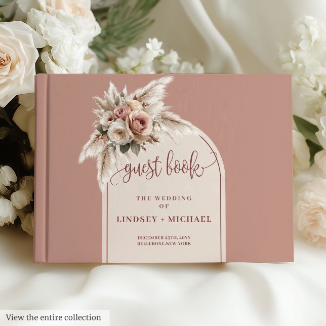 Livre d'hôtes Rose Dusty Pampas rose élégant (Stylish Dusty Pink Pampas Roses Wedding Guest Book)