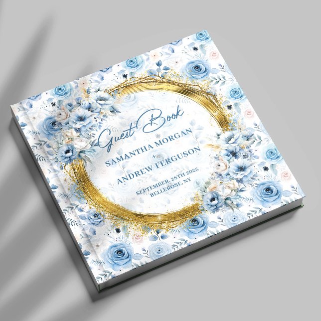 Livre d'hôtes sur mesure Pastel Blue Gold Parties  (Custom Pastel Blue Gold Glitter Wedding Guest Book)