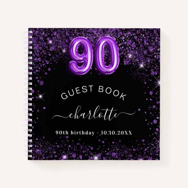 Livre d'invité 90e anniversaire noir violet nom de (Devant)