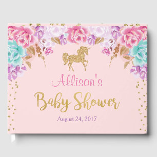 Livre d'invité du baby shower Unicorn, rose et or