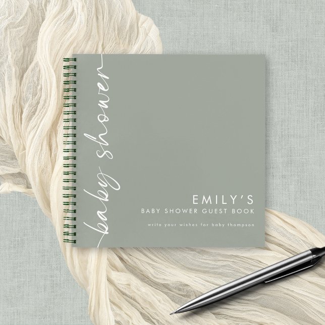 Livre d'invité du Baby shower vert Sage de script  (wishes for baby guest book)