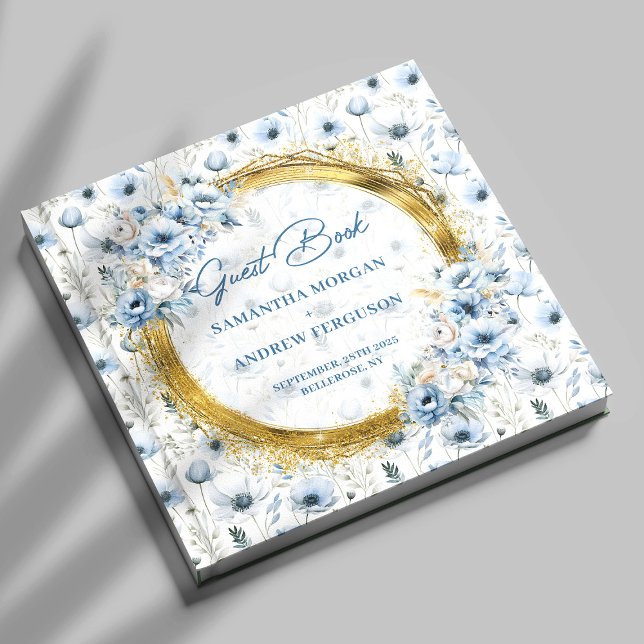 Livre d'invité Dusty Blue Gold Parties scintillant (Custom Dusty Blue Gold Glitter Wedding Guest Book)