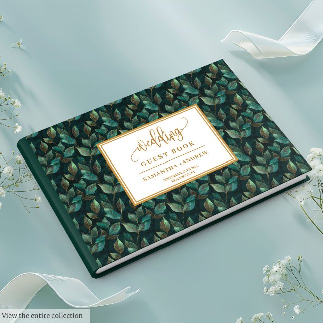 Livre D'Invité Mariage Artistique Dark Green Et Go (Artistic Dark Green And Gold Wedding Guest Book)
