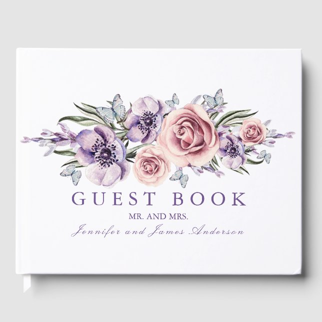 Livre d'invité Mariage de fleurs d'aquarelle viole (Recto)