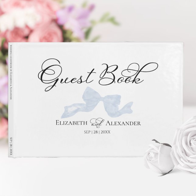 Livre d'invité mariage | Dusty Blue Bow Calligraph (Créateur téléchargé)
