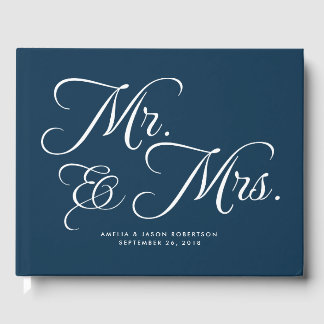 Livre d'invité mariage, Mr & Mrs, Marine et blanc