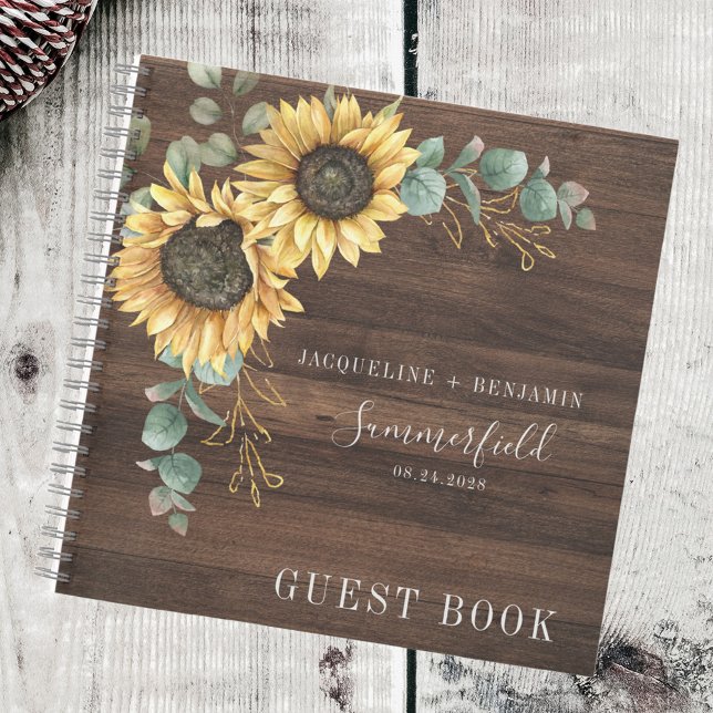 Livre d'invité Mariage Rustique Sunflower Eucalypt (Wood Background Sunflower Eucalyptus Floral Wedding Guestbook)