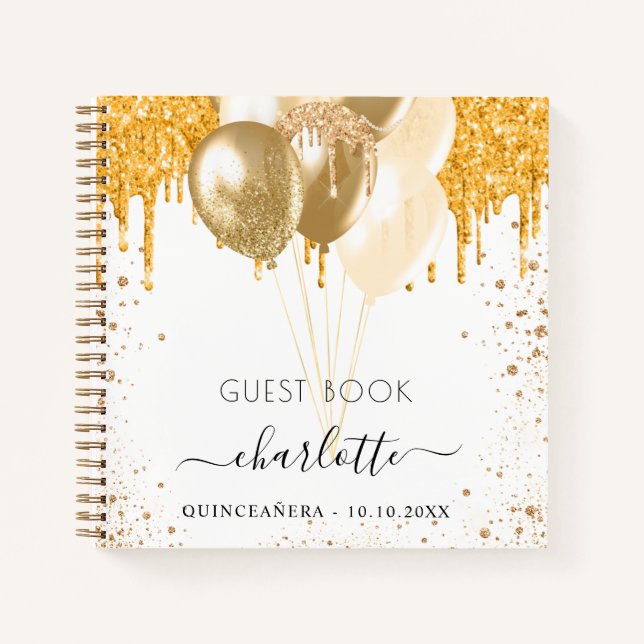 Livre d'invité quinceanera blanc or parties scinti (Devant)