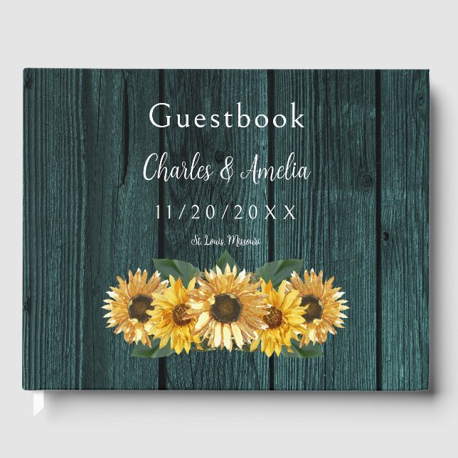 Livre d'invité Rustic Turquoise Mariage Sunflower (Recto)