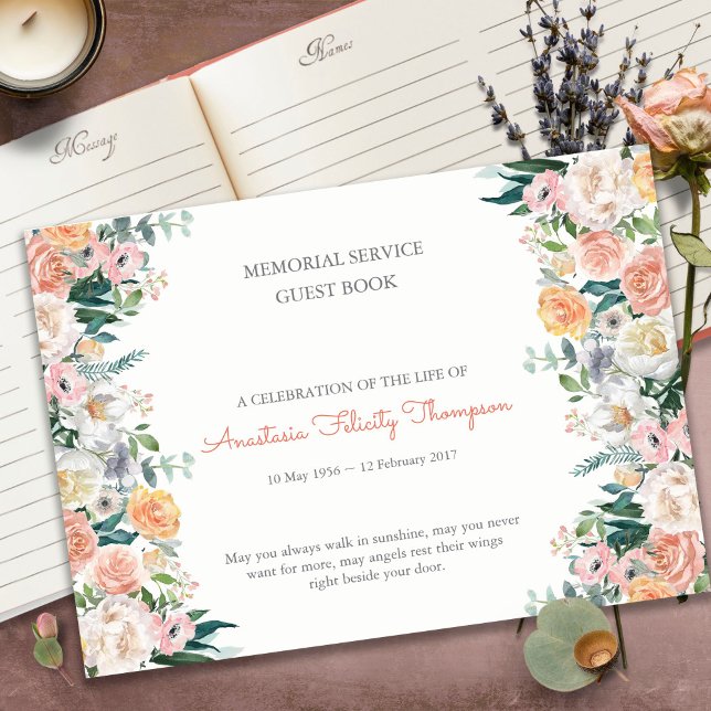 Livre d'invités funéraires | Roses aquarelles 1 (funeral guest books, sympathy, celebration of life, in loving memory, memorial service, remembrance,)