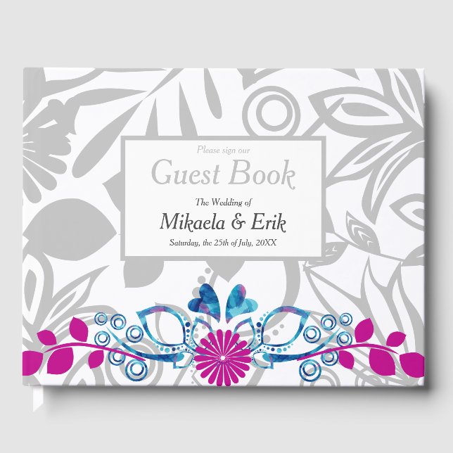 Livre d'invités Pink Blue Grey Motif Floral (Recto)