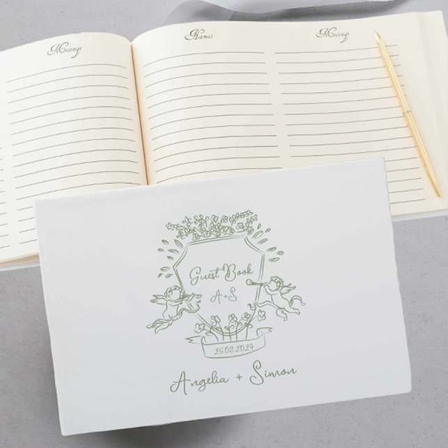 Livre d'invités Sage Green Crest dessiné à la main (sage green vintage crest wedding guest book features hand drawn cherub illustration )