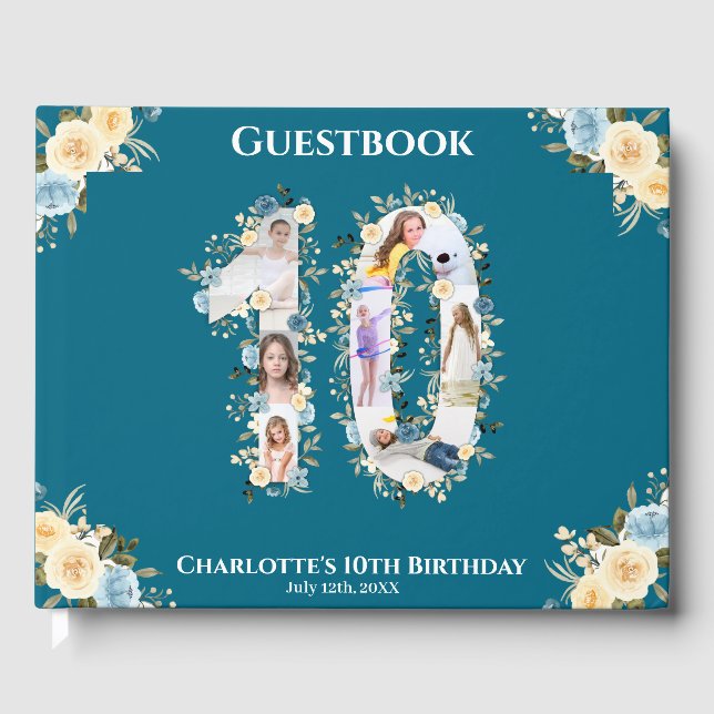 Livre D'or 10e anniversaire Photo Collage Turquoise Fleur Jau (Recto)