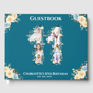 Livre D'or 11e anniversaire Turquoise photo Collage Fleur Jau
