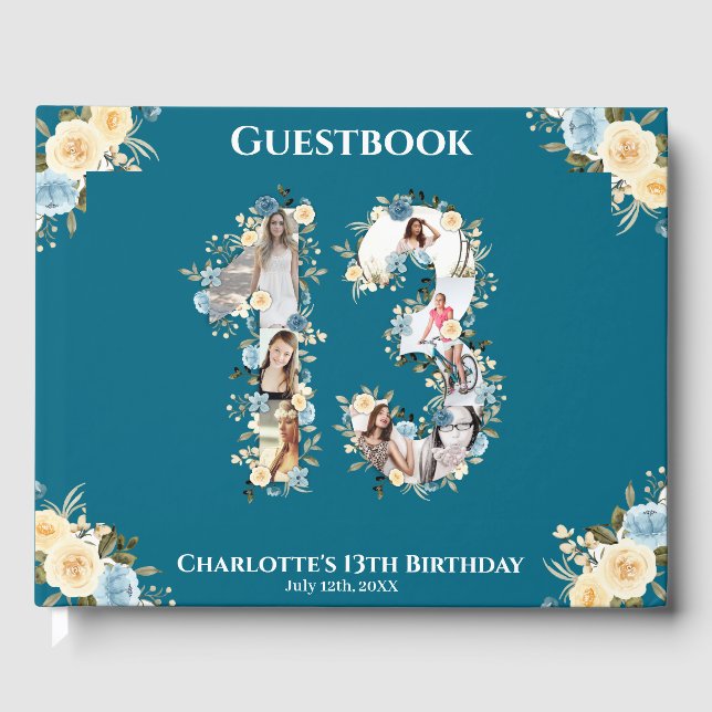 Livre D'or 13e anniversaire Photo Collage Turquoise Fleur Jau (Recto)