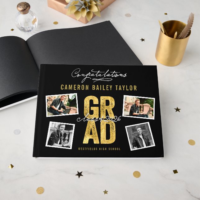 Livre D'or 2026 Bold Gold GRAD 4 Multi Photo Graduation Party (Recto ouvert)