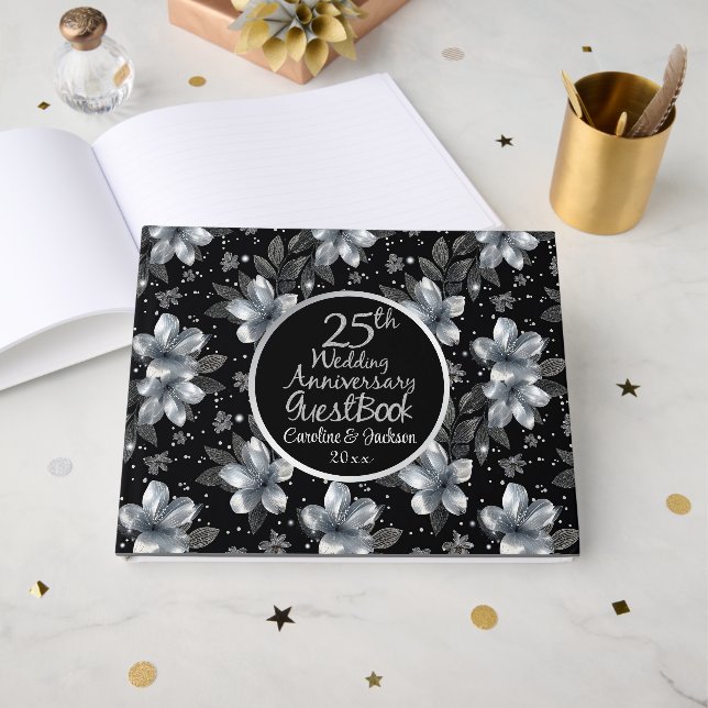 Livre D'or 25e anniversaire de mariage Argent Pailleté Floral (Recto ouvert)