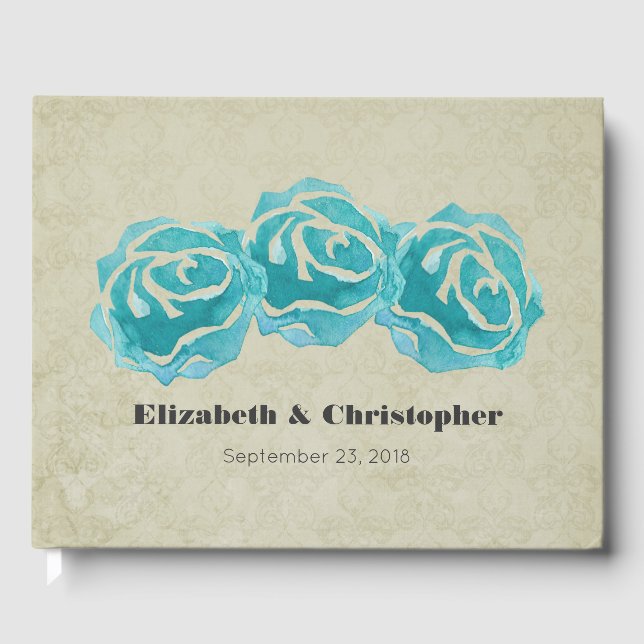 Livre D'or 3 Roses Turquoises d'aquarelle sur le motif Tan Da (Recto)