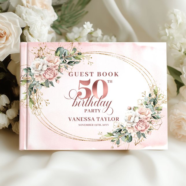 Livre d'or 50e anniversaire aquarelle Blush Subtil (Subtle Blush Watercolor 50th Birthday Guest Book)