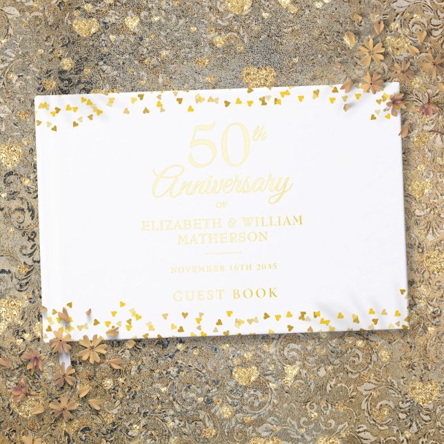 Livre D'or 50e anniversaire de Mariage Gold Hearts Confetti (50th Wedding Anniversary Gold Hearts Confetti Foil Guest Book)