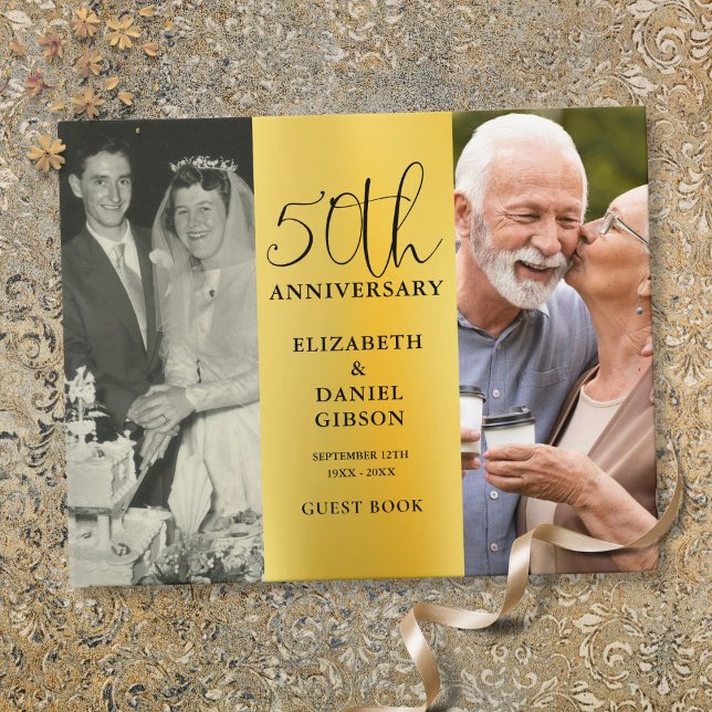 Livre D'or 50e anniversaire du Mariage d'or 2 Photo (50th Wedding Golden Anniversary 2 Photo Guest Book)