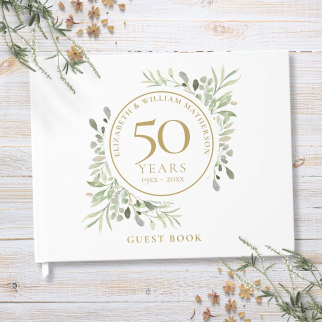 Livre D'or 50e anniversaire Mariage or verdure aquarelle (50th Wedding Anniversary Gold Greenery Watercolor Guest Book)