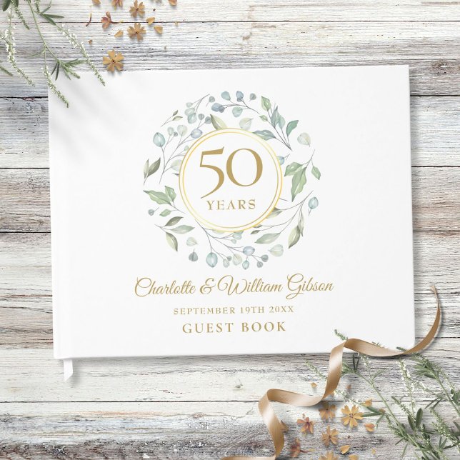 Livre D'or 50ème Mariage Golden Anniversaire de verdure Garla (50th Wedding Golden Anniversary Greenery Garland Guest Book)