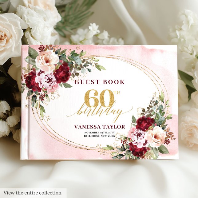 Livre d'or 60 ans Boho Blush Bourgogne Roses Or (Boho Blush Burgundy Gold Roses 60th Guest Book)