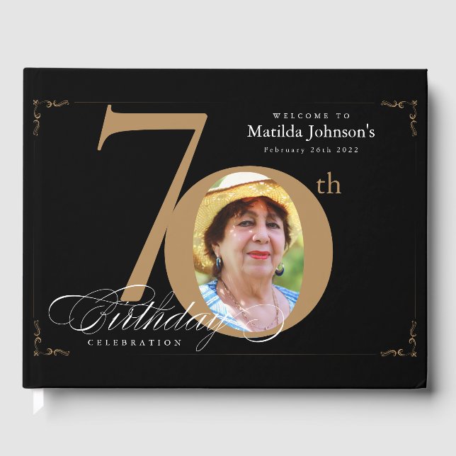 Livre D'or 70e anniversaire Elégante Calligraphie d'or noir (Recto)