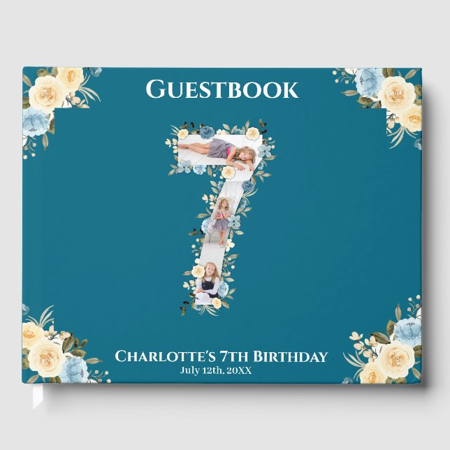 Livre D'or 7e anniversaire Photo Collage Turquoise bleu jaune (Recto)