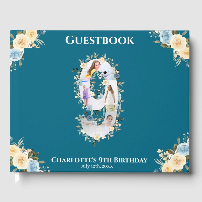 Livre D'or 9e anniversaire Fleur Turquoise photo Collage bleu (Recto)