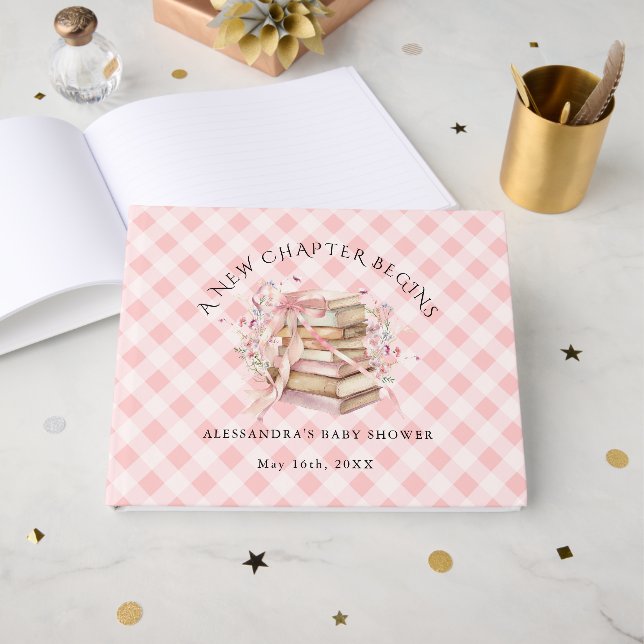Livre D'or A New Chapter Begins Pink Bow Books Baby Shower (Recto ouvert)