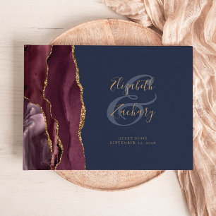 Livre D'or Agate moderne Bourgogne Or Script Bleu Nuit