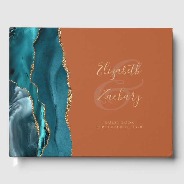 Livre D'or Agate Turquoise moderne Gold Script Burning Orange (Recto)