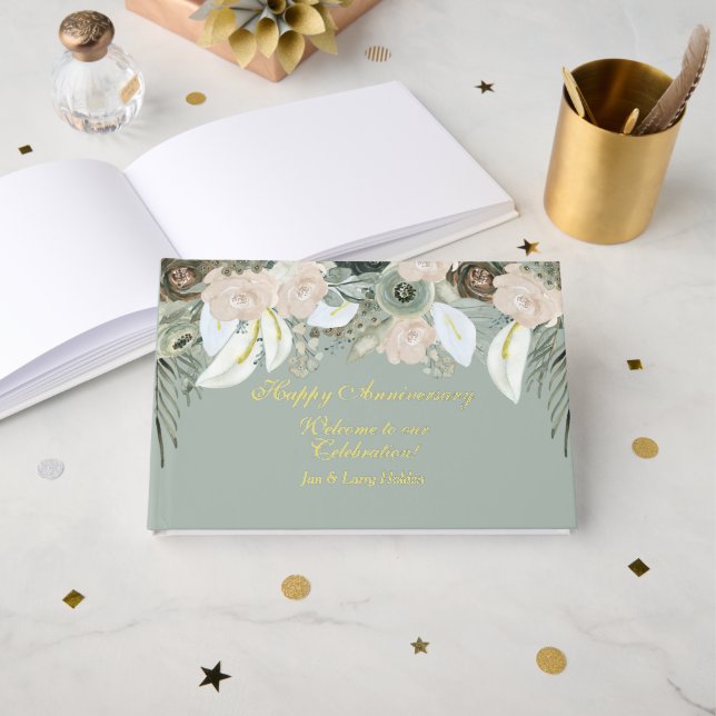 Livre D'or Anniversaire floral de Sage et de Cream Gold Foil (Recto ouvert)