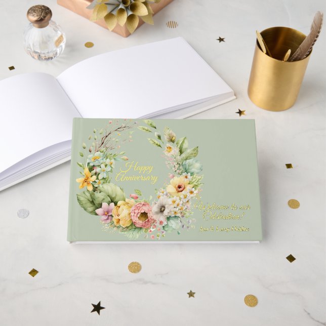Livre D'or Anniversaire Floral vert Gold Foil (Recto ouvert)