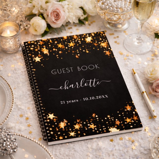 Livre d'or anniversaire noir étoiles dorées nom (Créateur téléchargé)