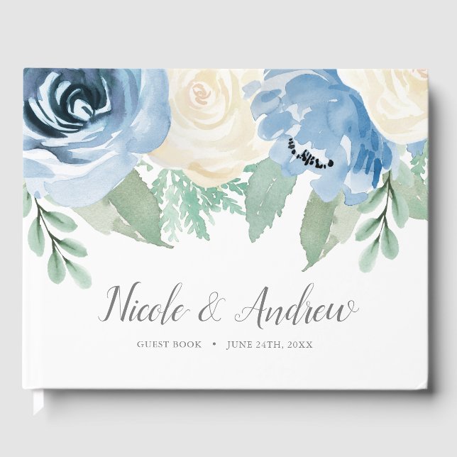 Livre D'or Aquarelle bleu Dusty Mariage Floral (Recto)